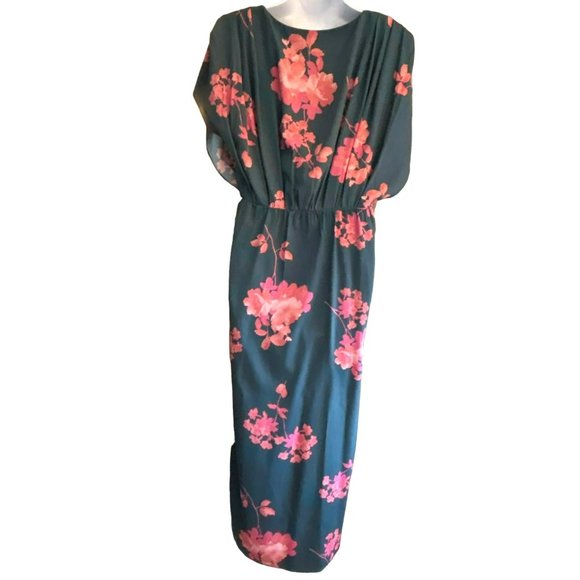 Wayward Fancies eShakti Custom Green Pink Floral Midi Dress Gathered Slimming - Picture 2 of 6